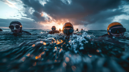 Group of mature individuals wearing wetsuits and goggles, swimming in open water during sunset. Focus on adventure, fitness, and camaraderie.の素材