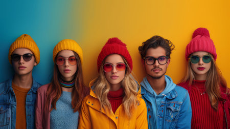 Group of stylish teenagers dressed in colorful winter fashion and sunglasses, posing against a bold, vibrant background, showcasing modern youth culture and style.の素材
