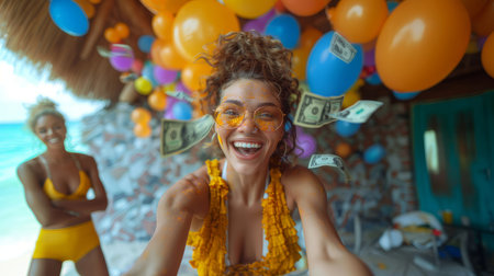 Two women celebrating with colorful balloons and money flying around at a vibrant beach party. Happiness, energy, and fun in a tropical paradise.の素材
