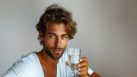 Handsome man holding a glass of water while taking a pill in a bright and minimalistic setting. Concept of health, hydration, and wellness.の素材
