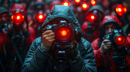 Group of photographers with red hoods and illuminated cameras taking photographs at night, creating a dramatic and intense scene.の素材