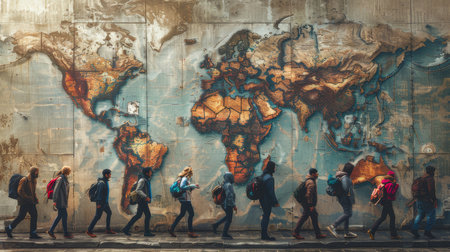 A diverse group of people walking by a large world map mural, symbolizing adventure, travel, and exploration.の素材