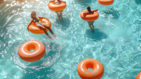 A group of people having fun in a swimming pool on a sunny day, floating on orange inflatable rings and enjoying the refreshing water.の素材