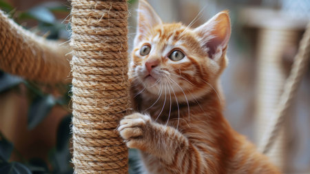 Adorable young ginger cat enjoying playful moments with a sisal rope toy at home. Captures the essence of a playful feline in a cozy indoor setting.の素材