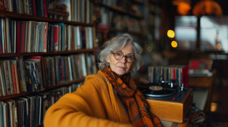 Elderly woman wearing glasses and a scarf enjoys listening to vinyl records in a cozy library with warm lighting.の素材