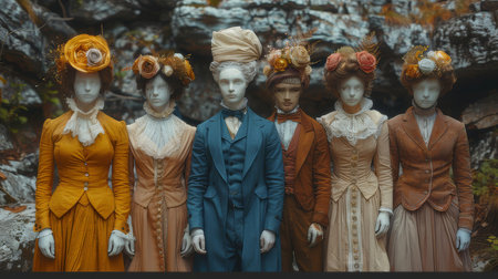 Four people dressed in vintage attire with antique statue heads, posed together in a natural outdoor setting.の素材