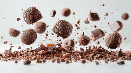 Cut and whole chocolate truffles falling on a white background, surrounded by cocoa powder and chocolate chunks.の素材