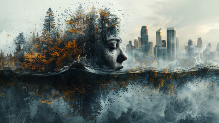 Surreal digital art showing a human profile harmoniously blending into nature and urban cityscape, reflecting environmental themes.の素材