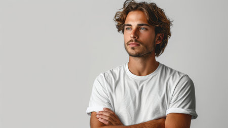 Portrait of a confident young man in a stylish white t-shirt looking into the distance with arms crossed.の素材