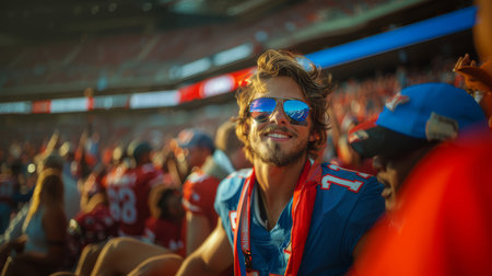 A joyful American football supporter at a bustling tailgate event in a stadium, surrounded by fellow fans, enjoying the game day atmosphere.の素材
