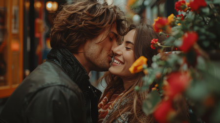 Happy couple sharing a kiss on an urban street surrounded by flowers. A romantic and affectionate moment captured outdoors.の素材
