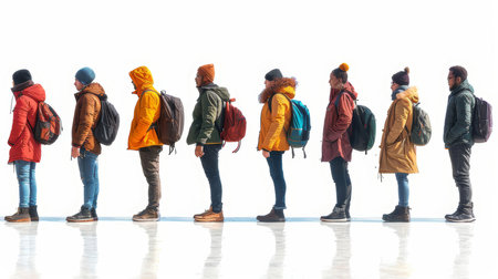 Group of individuals standing in a line, dressed in winter attire, with backpacks, isolated on a white background.の素材
