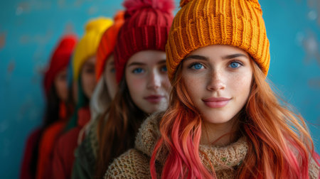 A group of teenagers wearing colorful winter hats stand in a line against a blue background, showcasing vibrant fashion and youthful style.の素材