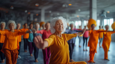 Elderly woman guiding a group of seniors through a fitness class in a gym. Focus on active and healthy lifestyle for older adults.の素材
