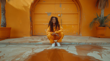 Young woman with long curly hair wearing a bright orange outfit, smiling while sitting in front of an orange wall.の素材