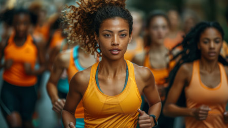 High angle view of a diverse group of women running together outdoors, dressed in orange athletic wear, exuding energy, fitness, and unity.の素材