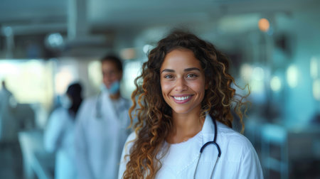 Smiling female doctor with curly hair in a medical facility, surrounded by a team of healthcare professionals, showcasing teamwork and healthcare excellence.の素材