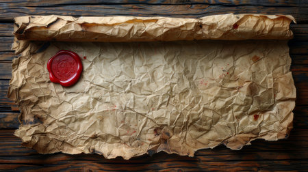 A sheet of old, crumpled parchment paper with a red wax seal on a rustic wooden background, evoking a sense of history and antiquity.の素材