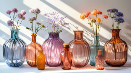 A collection of stylish glass vases of various shapes and colors, filled with fresh flowers, beautifully arranged on a white background and illuminated by natural sunlight.の素材