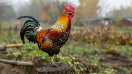 A vibrant rooster with colorful feathers struts confidently on a farm against a misty, autumn backdrop, showcasing its natural beauty and rural setting.の素材