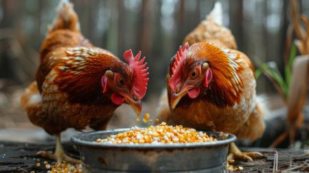 Close-up of a Dutch breed hen and rooster eating corn from a bowl in a farmyard. Focus on natural farm life and poultry feeding.の素材