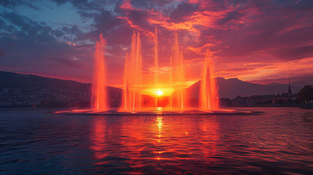 Beautiful water jet fountain illuminated by the sunset, with dramatic skies and mountains in the background, reflecting on the calm waters.の素材