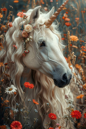 Magical unicorn adorned with flowers in a beautiful wildflower meadow. Fantasy, enchantment, and nature merge in this dreamlike scene.の素材