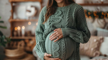 A pregnant woman gently cradling her belly while wearing a cozy knit sweater in a warmly lit, homely setting, evoking feelings of warmth and anticipation.の素材