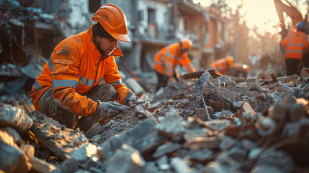Emergency workers in orange safety gear removing rubble together after a disaster, showcasing teamwork, bravery, and dedication.の素材