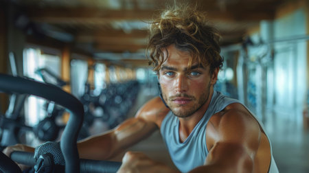 Fit young man in sportswear working out in a gym, showing intense focus and determination, during a cardio session.の素材