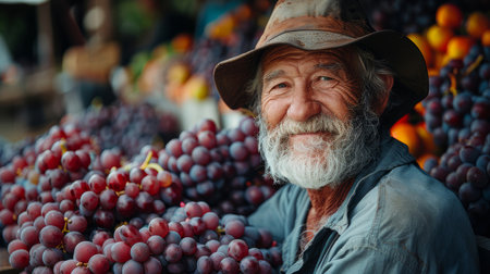 Happy elder farmer holding a bunch of freshly harvested red grapes, showcasing the fruits of his labor in a vibrant vineyard setting.の素材