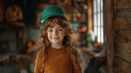 Smiling girl wearing a green hat, celebrating St. Patrick's Day in a cozy, rustic setting. Freckled face, long curly hair, and festive atmosphere.の素材