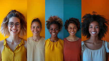 Collage of five diverse multi-ethnic women smiling, captured in individual portraits against bright blue, yellow, and orange backgrounds.の素材