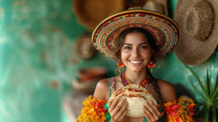 Close-up of a joyful young woman in a colorful sombrero holding tacos, evoking a festive and vibrant atmosphere.の素材