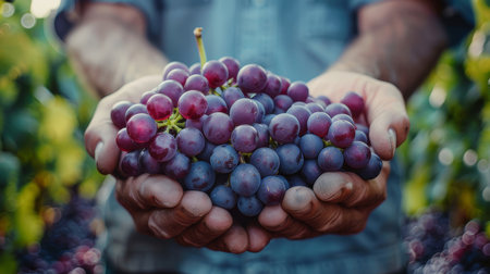 A close-up of a farmer's hands holding freshly harvested red grapes in a vineyard, showcasing the bounty of the grape harvest.の素材