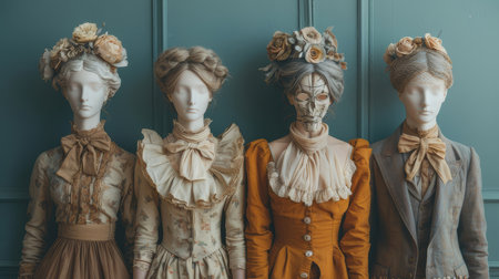 Victorian-era mannequins dressed in elaborate antique attire with detailed headpieces on display, evoking a sense of nostalgia and historical significance.の素材