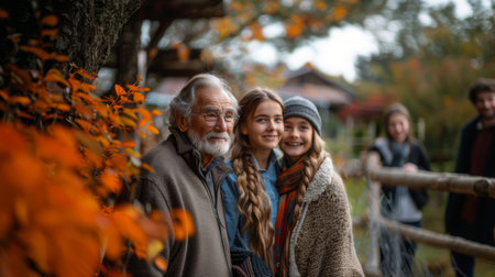 Smiling family gathered outdoors with grandfather and children during autumn, showcasing warmth, bonds, and joy in a beautiful seasonal environment.の素材