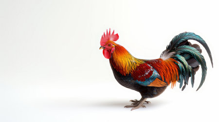 A stunning, colorful rooster isolated on a white background, showcasing its vibrant feathers and regal posture.の素材