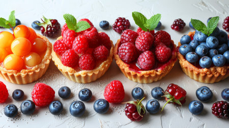 Assorted tartlets with fresh berries including raspberries, blueberries, blackberries, and gooseberries on a light background. Perfect for summer desserts and celebrations.の素材