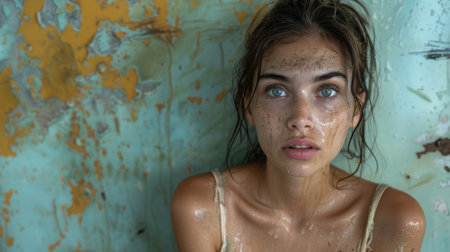 A shocked woman covered in dirt stares at a wall affected with mold, depicting concern and disgust in a deteriorating environment.の素材