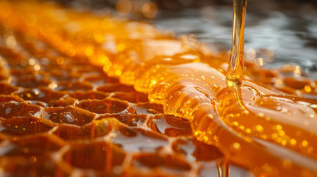 Close-up image of fresh natural honey being poured over a honeycomb, illustrating organic sweetness and natural texture.の素材