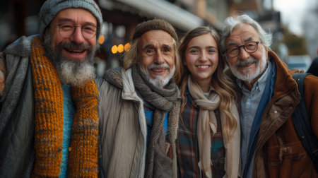 Group of friends and neighbors smiling together outdoors in winter attire, capturing a moment of happiness and camaraderie on a cold day.の素材