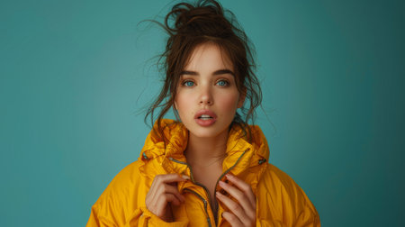 Close-up portrait of a surprised young woman wearing a yellow jacket, standing against a blue backdrop.の素材