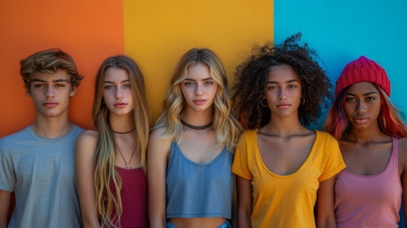 A diverse group of teenagers standing against a vibrant, multicolored background, expressing unity and youth. Perfect for concepts related to friendship, diversity, and modern fashion.の素材