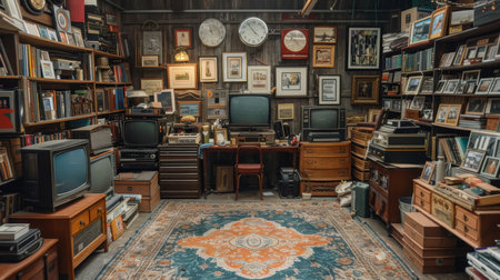 Vintage garage filled with retro electronics, old TVs, books, and nostalgic collectibles. A cozy, cluttered space showcasing the charm of antique items.の素材