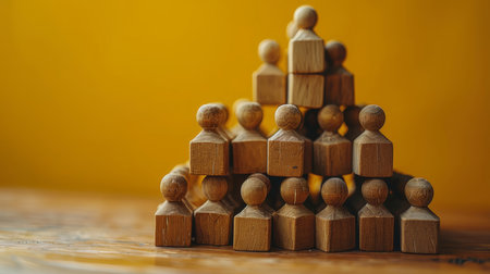 Wooden figures arranged in a pyramid symbolize teamwork, collaboration, and inclusivity in a workplace setting.の素材