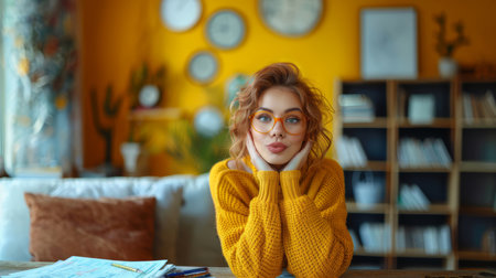 A young woman wearing a cozy sweater and glasses leans on her hands, surrounded by a bookshelf and warm decor, creating a charming and inviting atmosphere.の素材