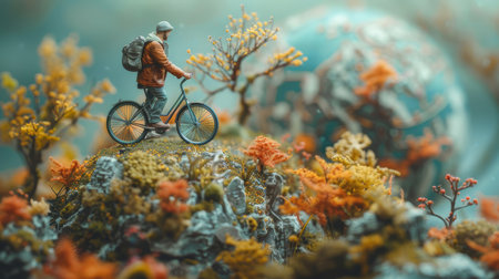 Miniature scene of a man cycling through a vibrant, surreal landscape with colorful vegetation and a globe in the background, evoking adventure and exploration.の素材
