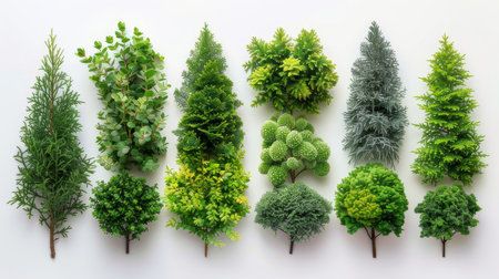 Diverse collection of green trees and plants arranged on a white background, showcasing different shapes and textures.の素材