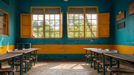Colorful empty school classroom with desks, chairs, and large windows letting in natural light. Brightly painted walls evoke a cheerful learning environment.の素材